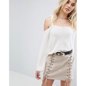 Cold Shoulder Tie Sweater - Long Sleeve Knit